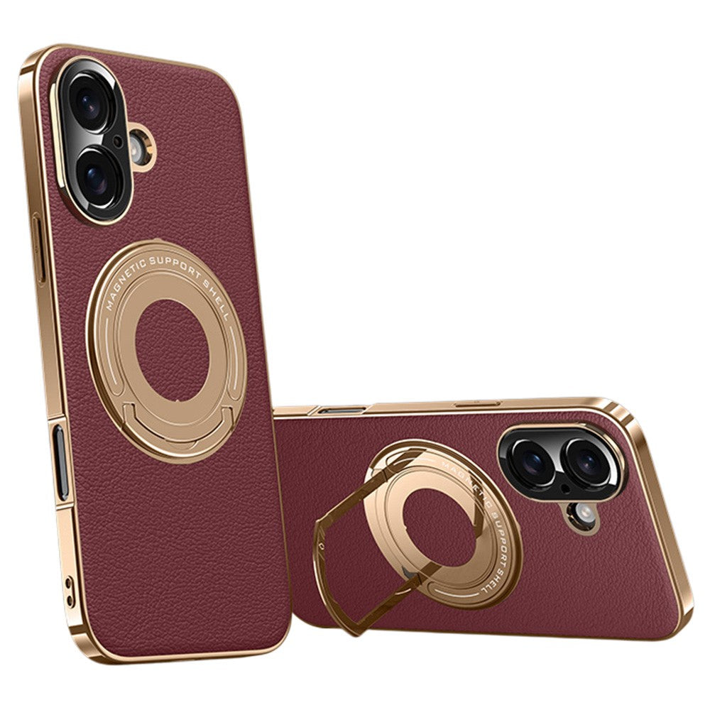 For iPhone 16 Case Compatible with MagSafe Leather TPU Back Cover with Hidden Kickstand