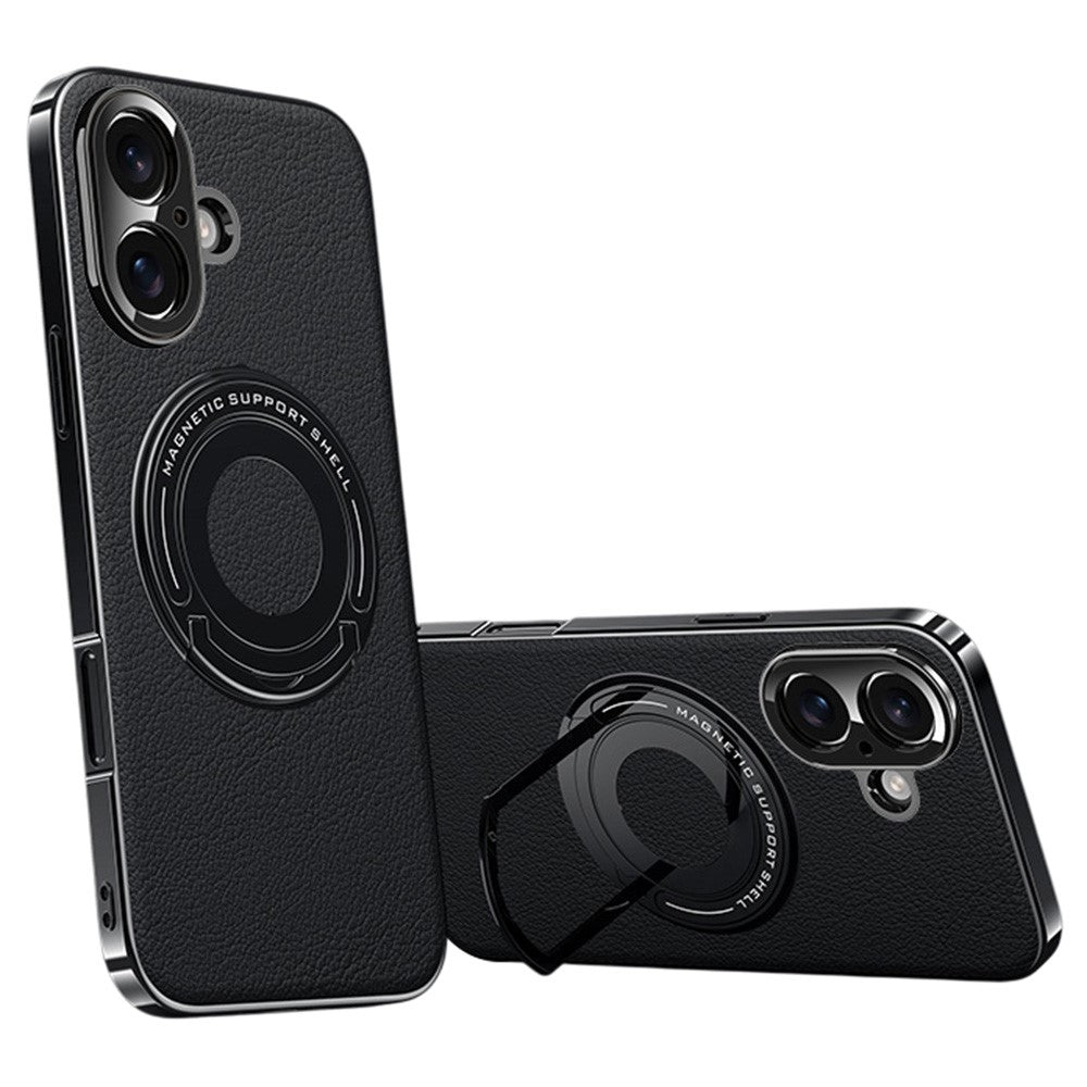 For iPhone 16 Case Compatible with MagSafe Leather TPU Back Cover with Hidden Kickstand