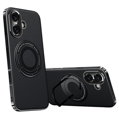 For iPhone 16 Case Compatible with MagSafe Leather TPU Back Cover with Hidden Kickstand