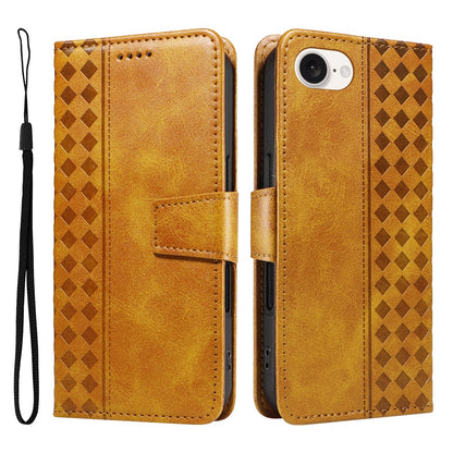 For iPhone 17e / 16e Leather Case Wallet Stand Grids Imprinted Phone Cover with Strap