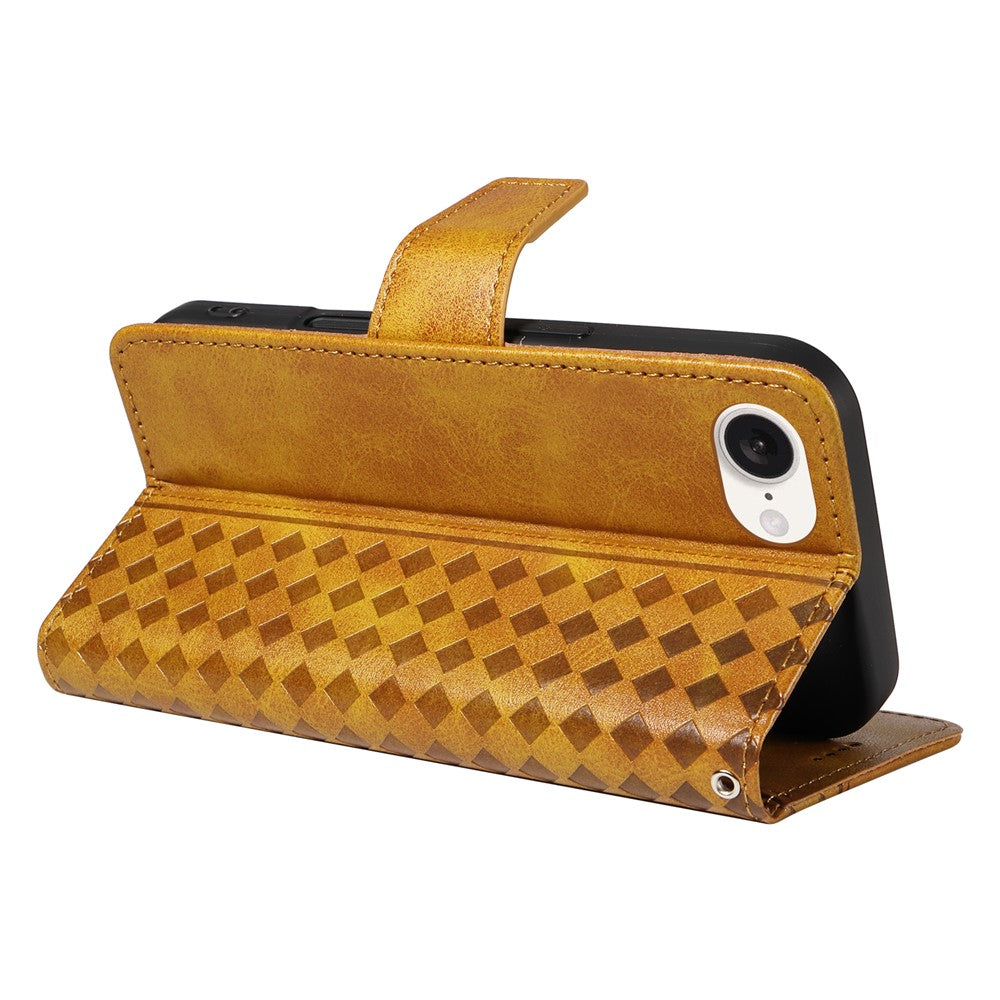 For iPhone 17e / 16e Leather Case Wallet Stand Grids Imprinted Phone Cover with Strap
