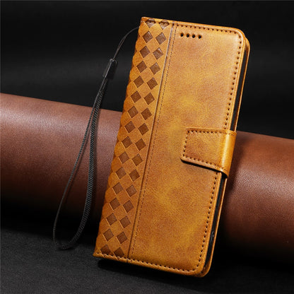 For iPhone 17e / 16e Leather Case Wallet Stand Grids Imprinted Phone Cover with Strap