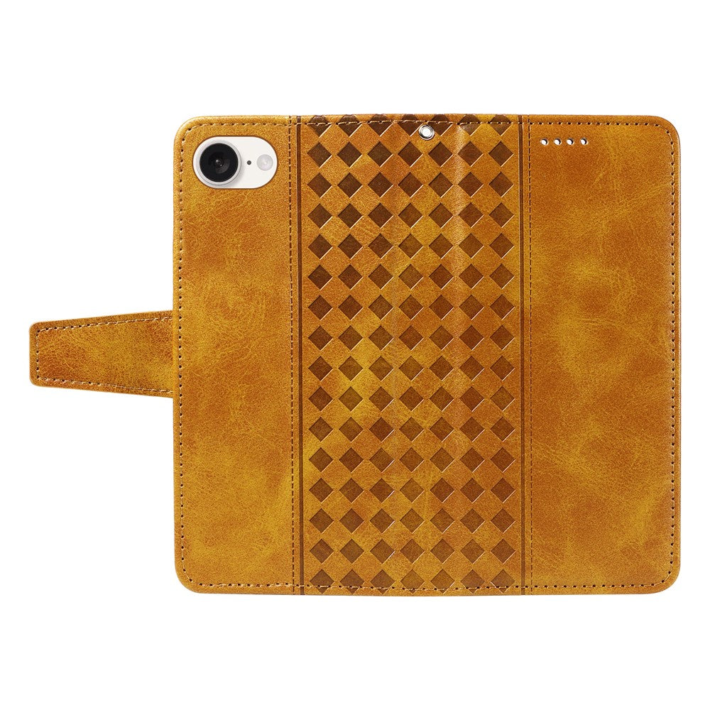 For iPhone 17e / 16e Leather Case Wallet Stand Grids Imprinted Phone Cover with Strap