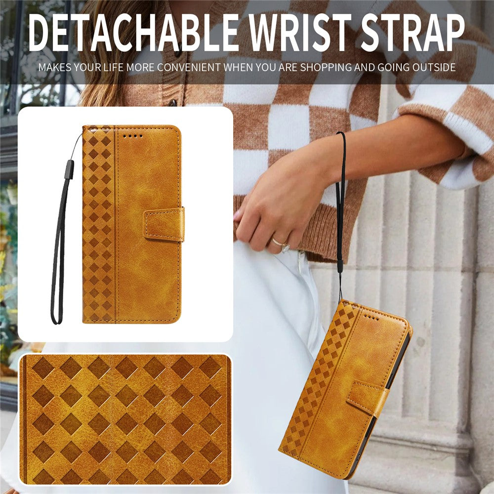 For iPhone 17e / 16e Leather Case Wallet Stand Grids Imprinted Phone Cover with Strap