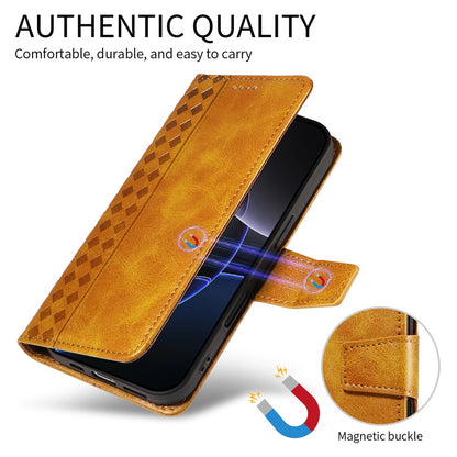 For iPhone 17e / 16e Leather Case Wallet Stand Grids Imprinted Phone Cover with Strap