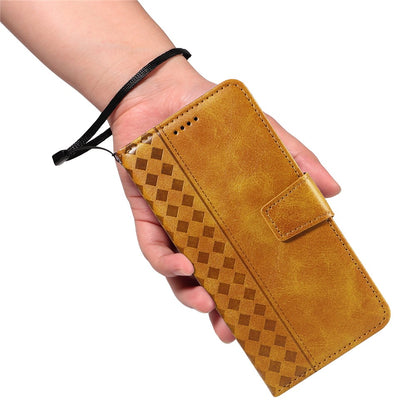For iPhone 17e / 16e Leather Case Wallet Stand Grids Imprinted Phone Cover with Strap