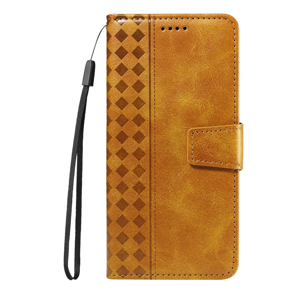 For iPhone 17e / 16e Leather Case Wallet Stand Grids Imprinted Phone Cover with Strap