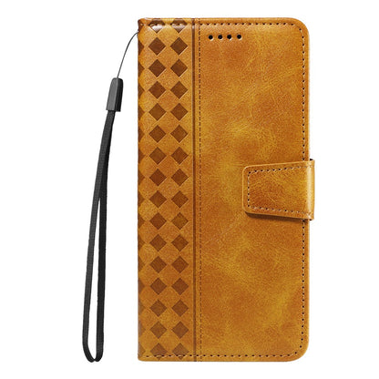 For iPhone 17e / 16e Leather Case Wallet Stand Grids Imprinted Phone Cover with Strap