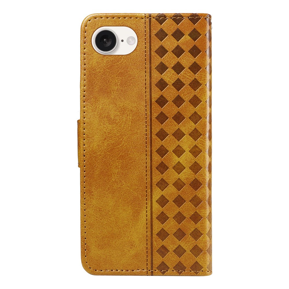 For iPhone 17e / 16e Leather Case Wallet Stand Grids Imprinted Phone Cover with Strap