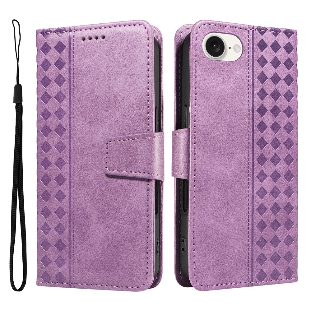 For iPhone 17e / 16e Leather Case Wallet Stand Grids Imprinted Phone Cover with Strap