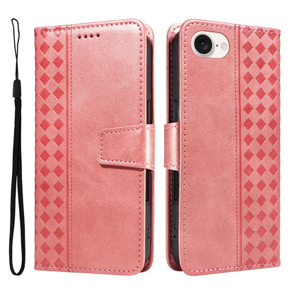 For iPhone 17e / 16e Leather Case Wallet Stand Grids Imprinted Phone Cover with Strap