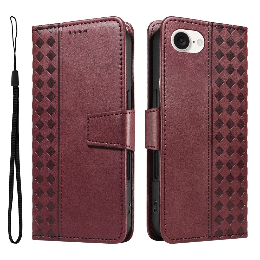For iPhone 17e / 16e Leather Case Wallet Stand Grids Imprinted Phone Cover with Strap