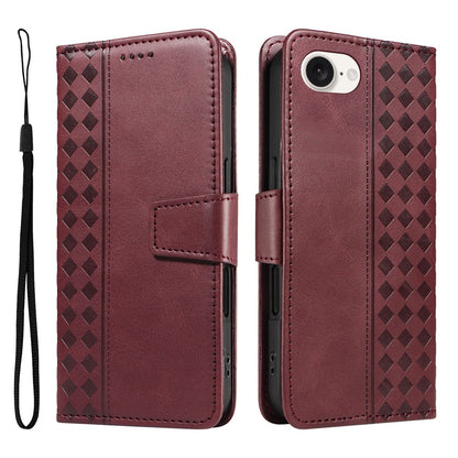 For iPhone 17e / 16e Leather Case Wallet Stand Grids Imprinted Phone Cover with Strap
