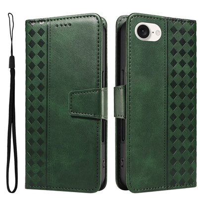 For iPhone 17e / 16e Leather Case Wallet Stand Grids Imprinted Phone Cover with Strap