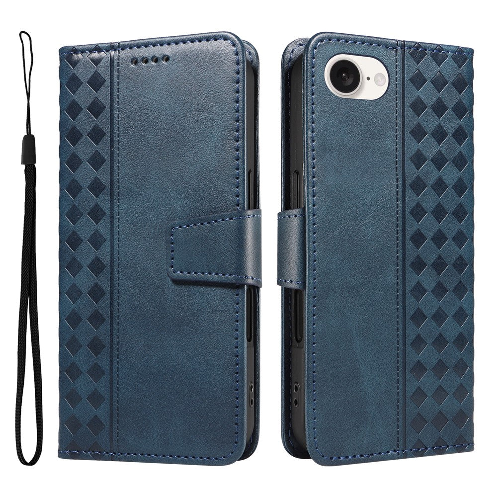 For iPhone 17e / 16e Leather Case Wallet Stand Grids Imprinted Phone Cover with Strap
