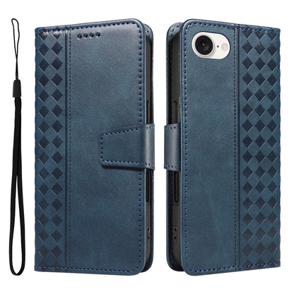 For iPhone 17e / 16e Leather Case Wallet Stand Grids Imprinted Phone Cover with Strap