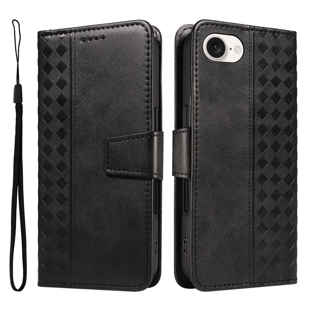 For iPhone 17e / 16e Leather Case Wallet Stand Grids Imprinted Phone Cover with Strap