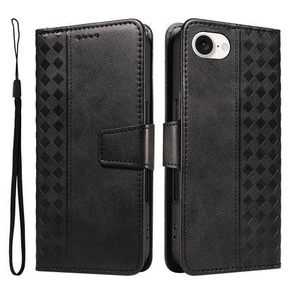 For iPhone 17e / 16e Leather Case Wallet Stand Grids Imprinted Phone Cover with Strap
