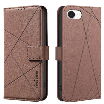 BINFEN COLOR For iPhone 17e / 16e Case  BF35 Geometry Imprinted Leather Phone Cover RFID Blocking Wallet Stand