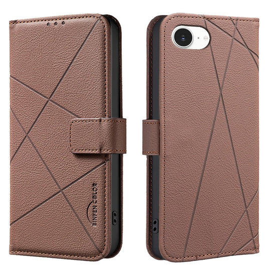 BINFEN COLOR For iPhone 17e / 16e Case  BF35 Geometry Imprinted Leather Phone Cover RFID Blocking Wallet Stand