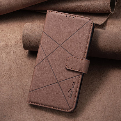 BINFEN COLOR For iPhone 17e / 16e Case  BF35 Geometry Imprinted Leather Phone Cover RFID Blocking Wallet Stand