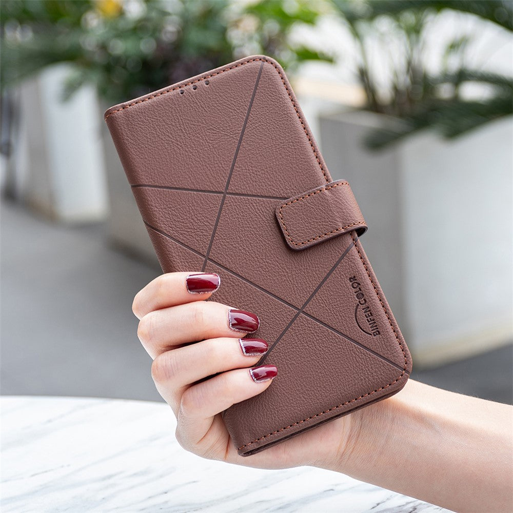 BINFEN COLOR For iPhone 17e / 16e Case  BF35 Geometry Imprinted Leather Phone Cover RFID Blocking Wallet Stand