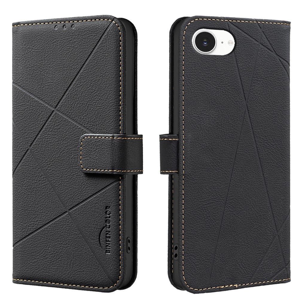 BINFEN COLOR For iPhone 17e / 16e Case  BF35 Geometry Imprinted Leather Phone Cover RFID Blocking Wallet Stand