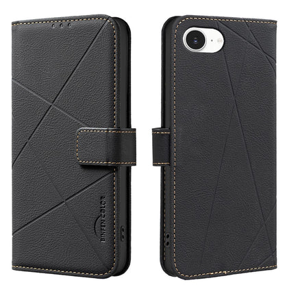 BINFEN COLOR For iPhone 17e / 16e Case  BF35 Geometry Imprinted Leather Phone Cover RFID Blocking Wallet Stand
