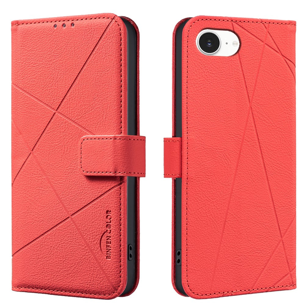 BINFEN COLOR For iPhone 17e / 16e Case  BF35 Geometry Imprinted Leather Phone Cover RFID Blocking Wallet Stand