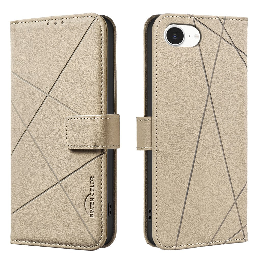 BINFEN COLOR For iPhone 17e / 16e Case  BF35 Geometry Imprinted Leather Phone Cover RFID Blocking Wallet Stand