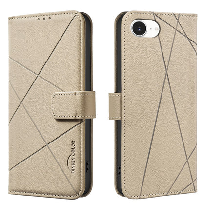BINFEN COLOR For iPhone 17e / 16e Case  BF35 Geometry Imprinted Leather Phone Cover RFID Blocking Wallet Stand