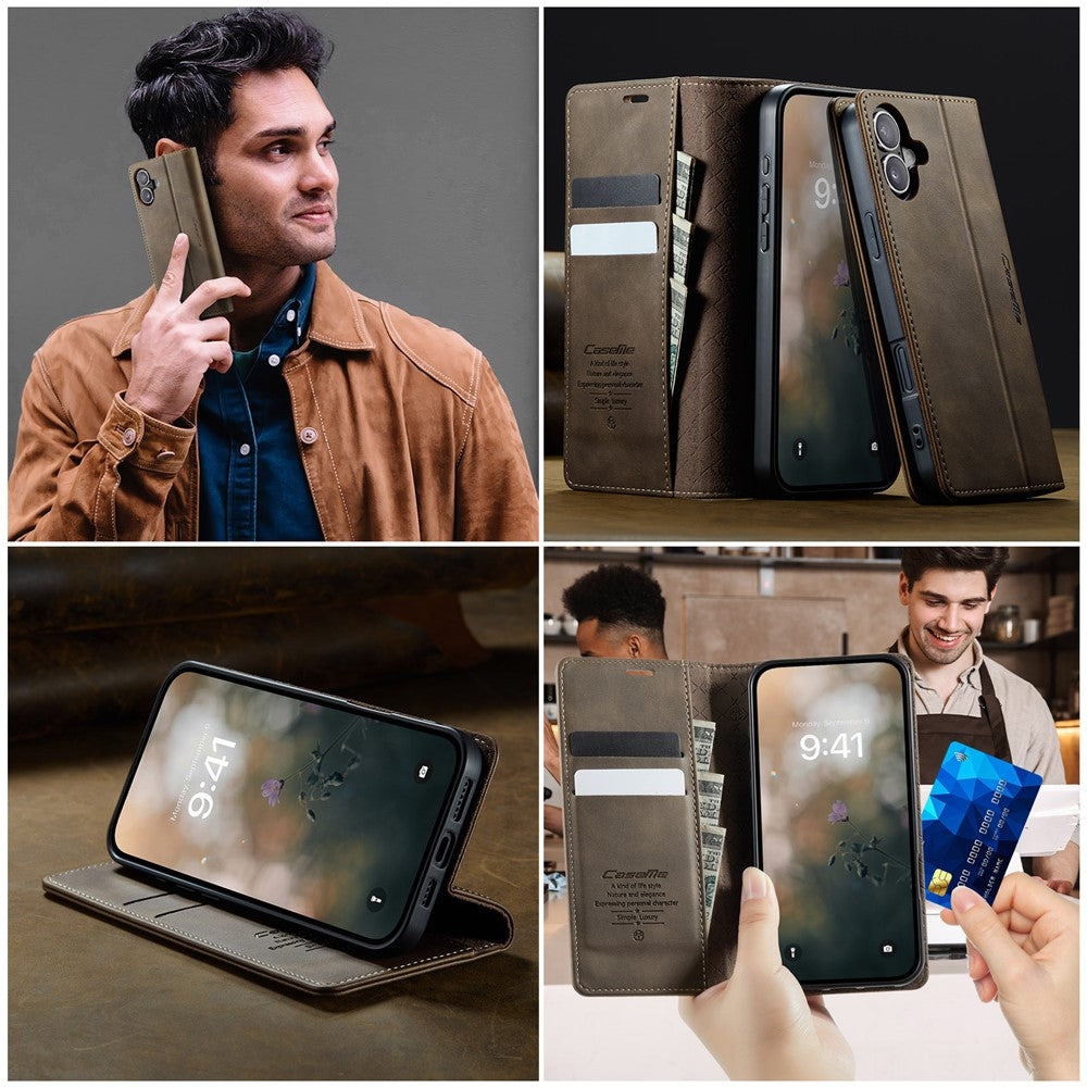 CASEME 033 Series For iPhone 16 Case RFID Blocking Wallet Stand Calf Texture Leather Phone Cover