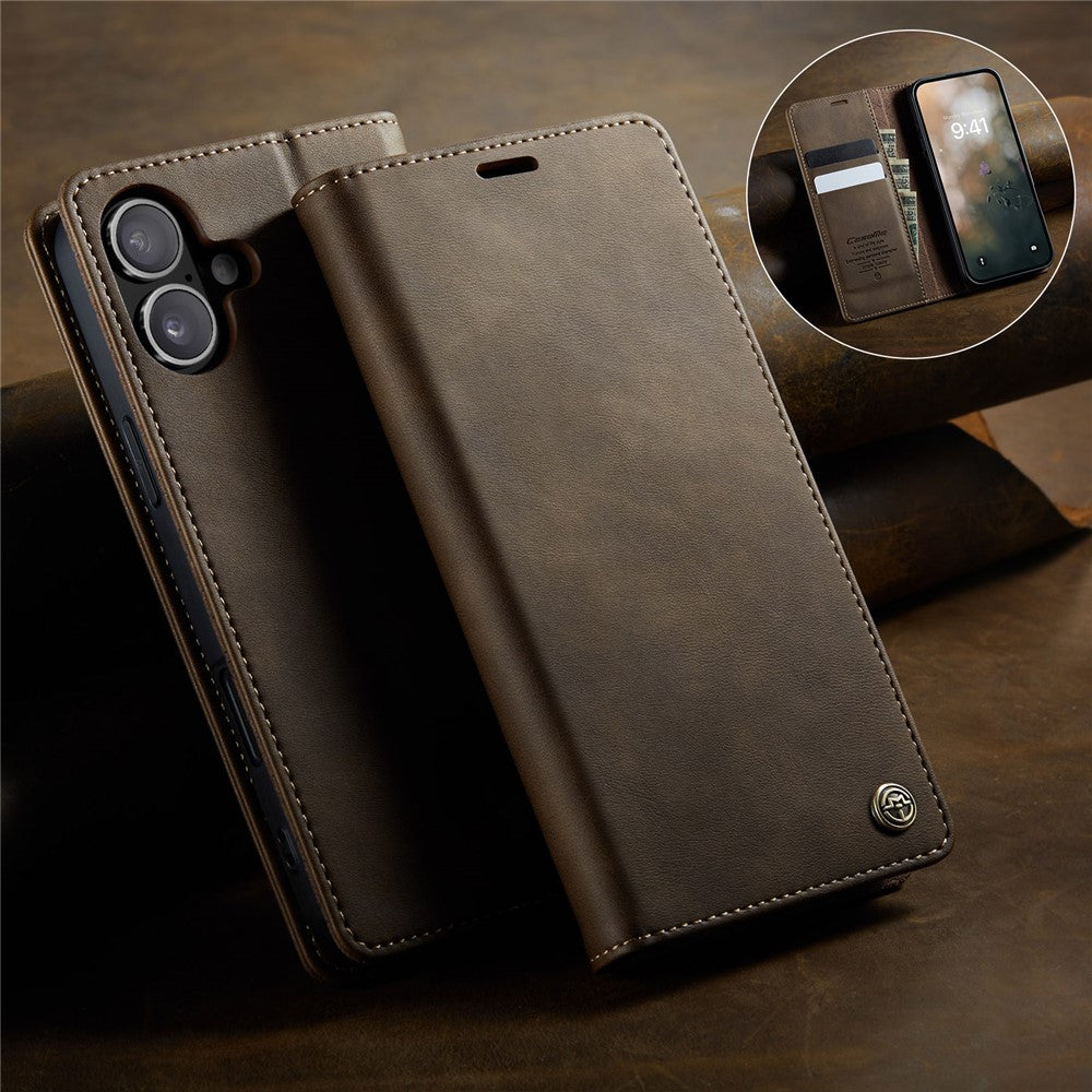 CASEME 033 Series For iPhone 16 Case RFID Blocking Wallet Stand Calf Texture Leather Phone Cover