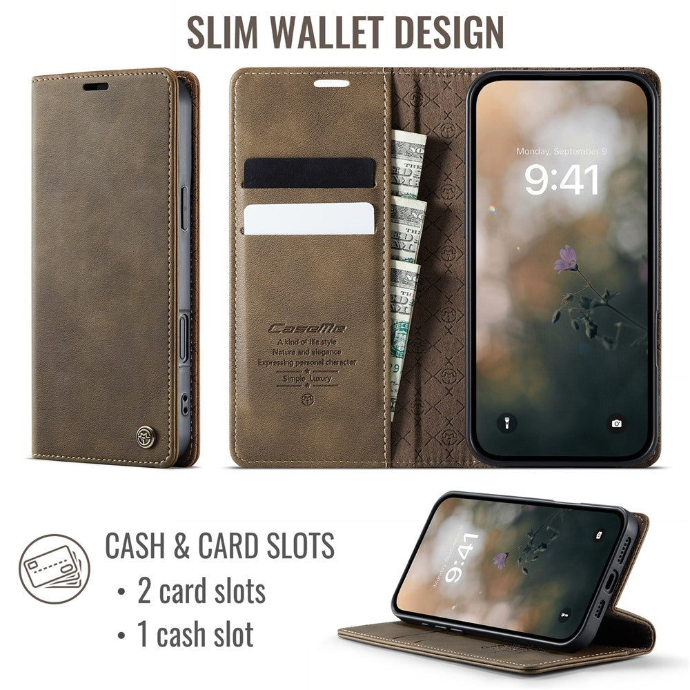 CASEME 033 Series For iPhone 16 Case RFID Blocking Wallet Stand Calf Texture Leather Phone Cover