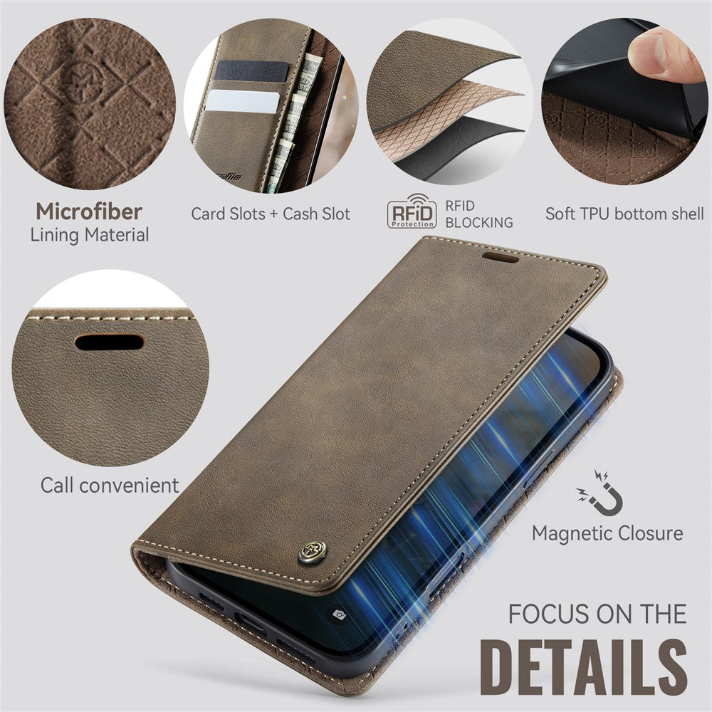 CASEME 033 Series For iPhone 16 Case RFID Blocking Wallet Stand Calf Texture Leather Phone Cover