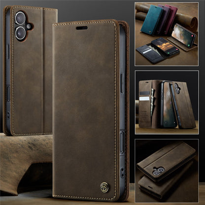 CASEME 033 Series For iPhone 16 Case RFID Blocking Wallet Stand Calf Texture Leather Phone Cover