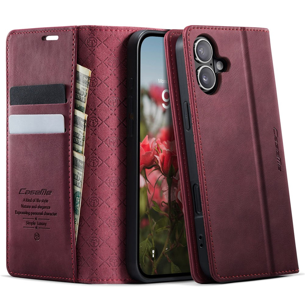 CASEME 033 Series For iPhone 16 Case RFID Blocking Wallet Stand Calf Texture Leather Phone Cover