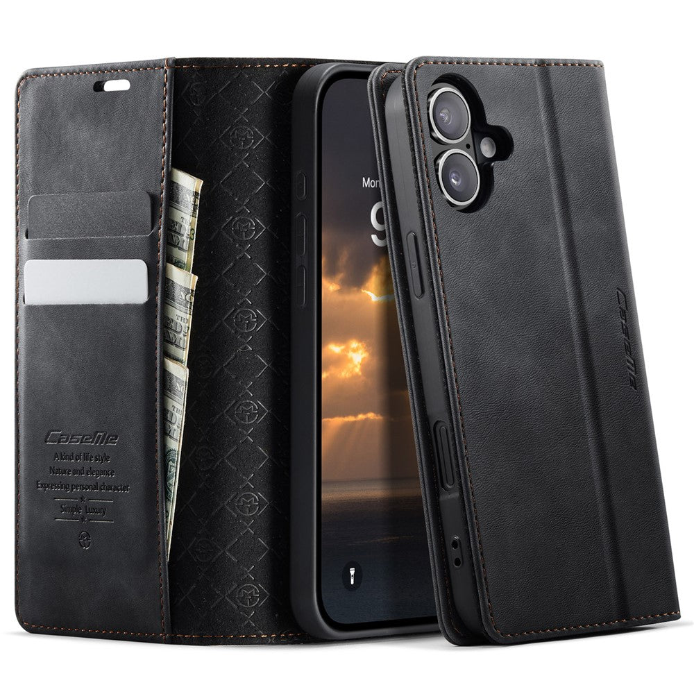 CASEME 033 Series For iPhone 16 Case RFID Blocking Wallet Stand Calf Texture Leather Phone Cover