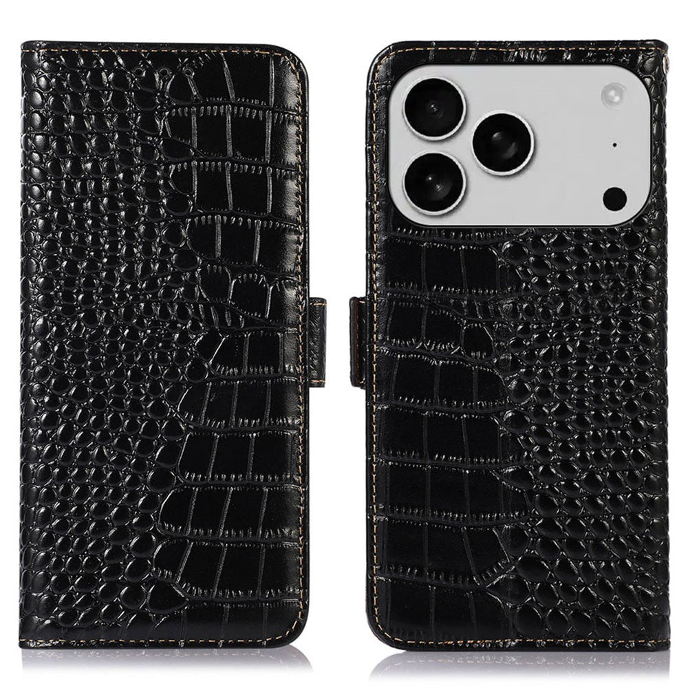 For iPhone 17 Pro Case Crocodile Texture Genuine Cow Leather Phone Wallet Cover