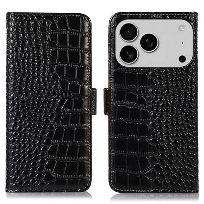 For iPhone 17 Pro Case Crocodile Texture Genuine Cow Leather Phone Wallet Cover