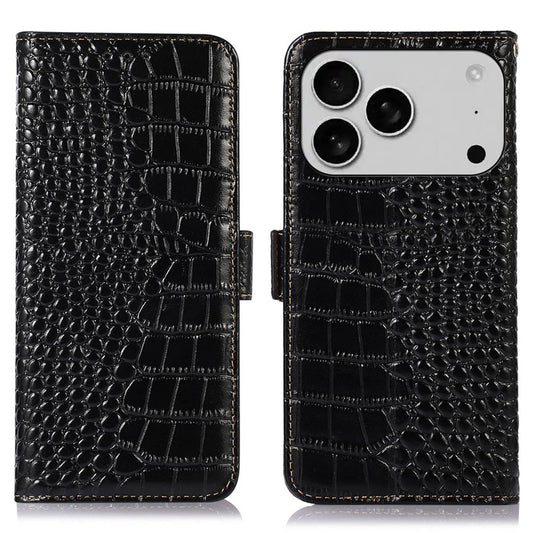 For iPhone 17 Pro Case Crocodile Texture Genuine Cow Leather Phone Wallet Cover