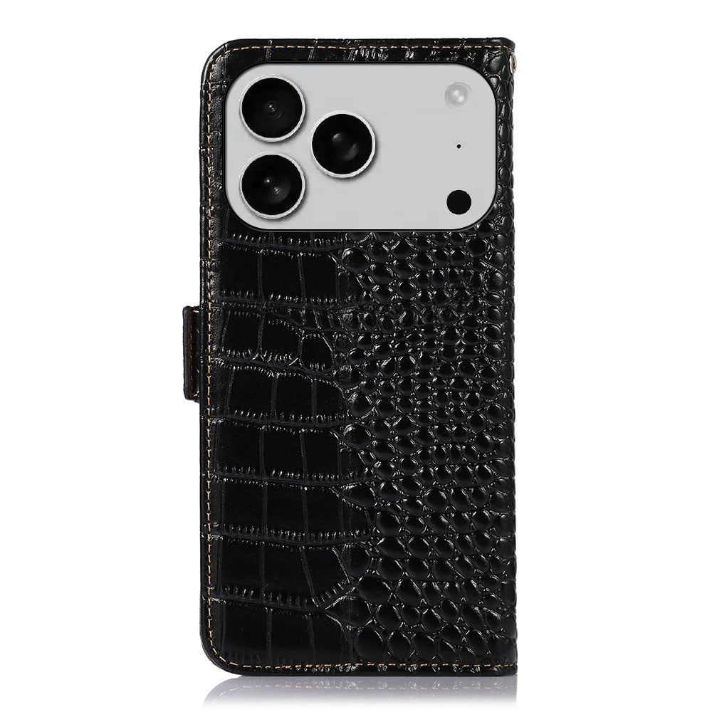For iPhone 17 Pro Case Crocodile Texture Genuine Cow Leather Phone Wallet Cover