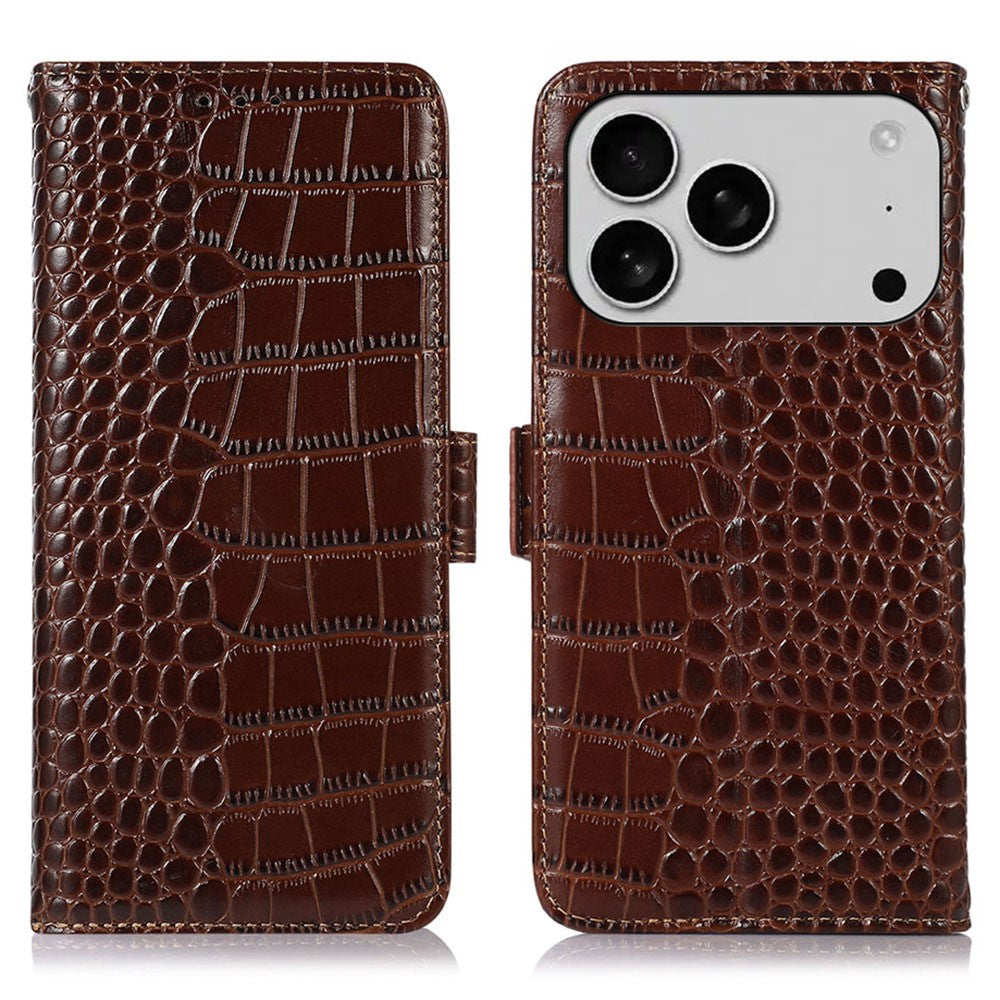 For iPhone 17 Pro Case Crocodile Texture Genuine Cow Leather Phone Wallet Cover