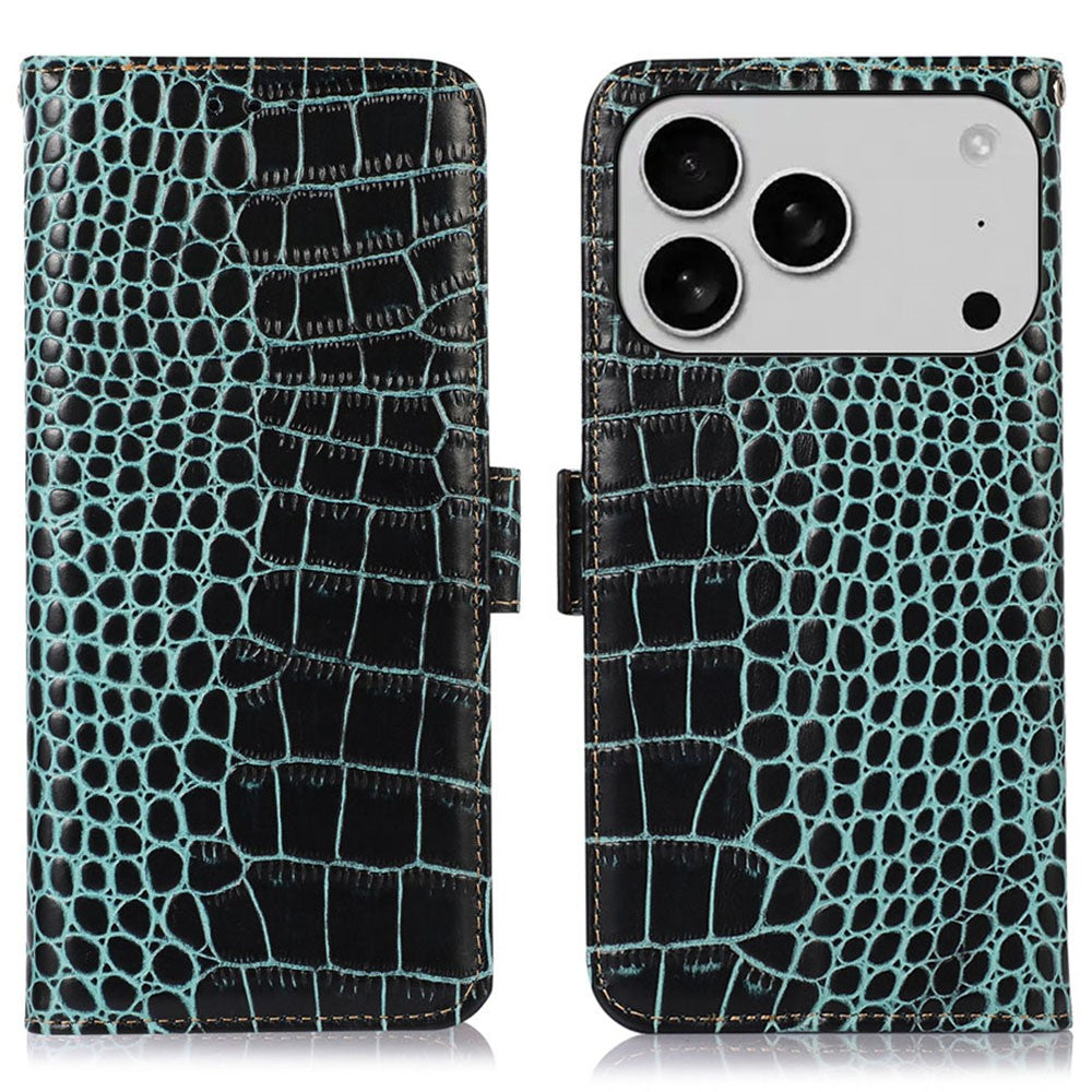 For iPhone 17 Pro Case Crocodile Texture Genuine Cow Leather Phone Wallet Cover