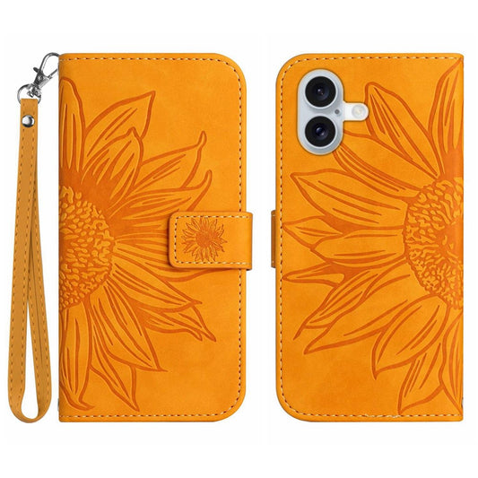 For iPhone 17 Case Sunflower Imprint Leather Wallet Phone Cover with Wrist Strap
