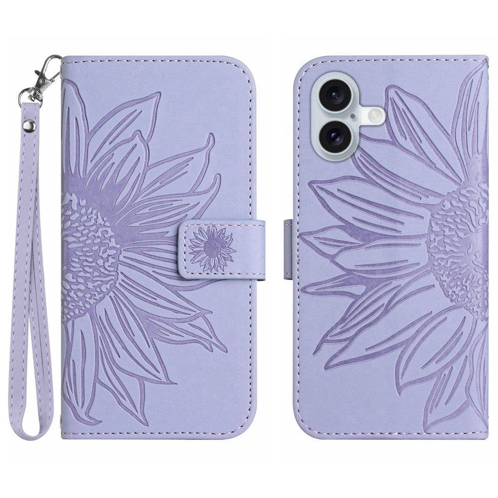 For iPhone 17 Case Sunflower Imprint Leather Wallet Phone Cover with Wrist Strap