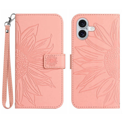 For iPhone 17 Case Sunflower Imprint Leather Wallet Phone Cover with Wrist Strap