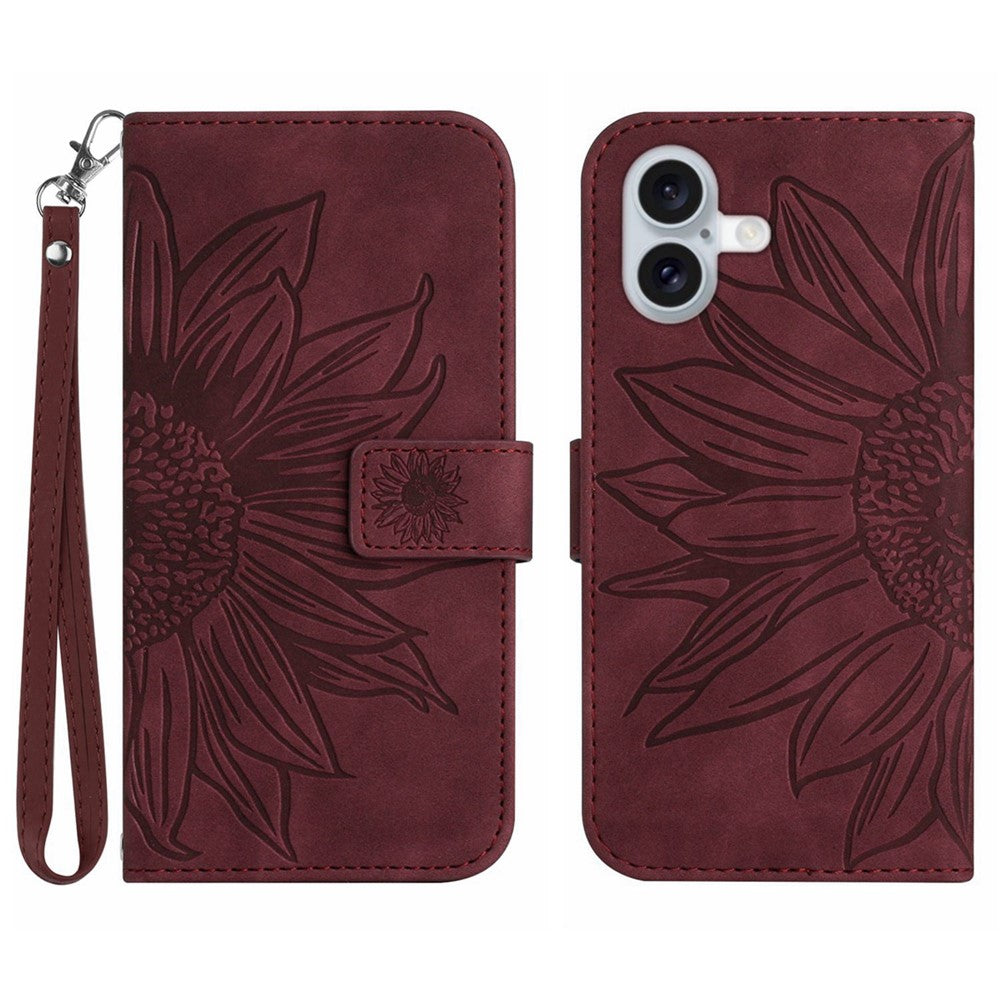 For iPhone 17 Case Sunflower Imprint Leather Wallet Phone Cover with Wrist Strap
