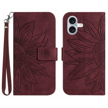 For iPhone 17 Case Sunflower Imprint Leather Wallet Phone Cover with Wrist Strap