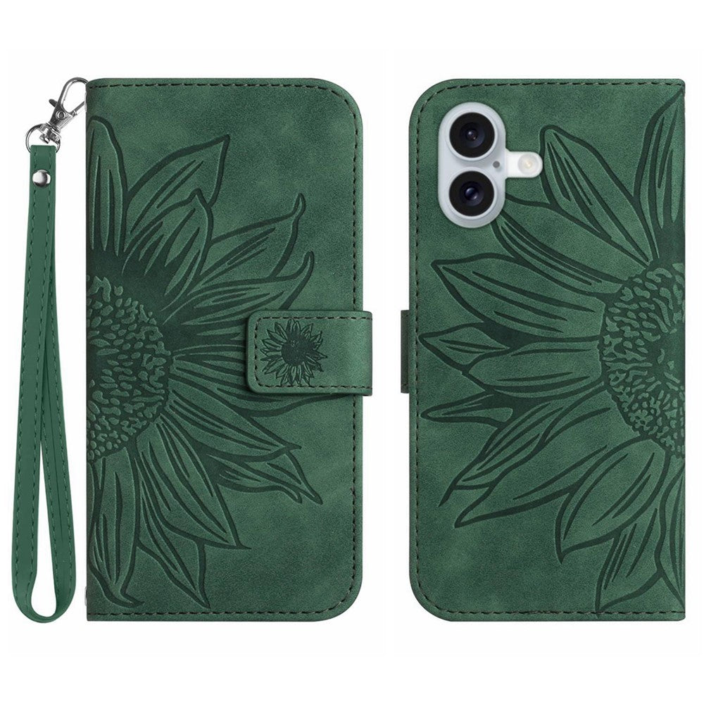 For iPhone 17 Case Sunflower Imprint Leather Wallet Phone Cover with Wrist Strap